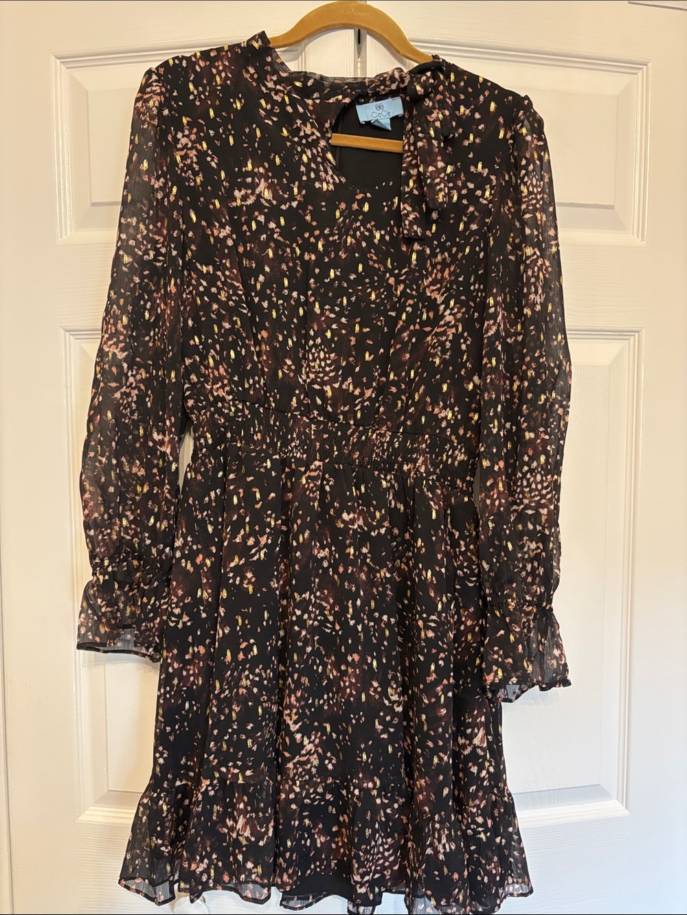 CeCe Black Floral Print Long-Sleeve Ruffle Hem Dress